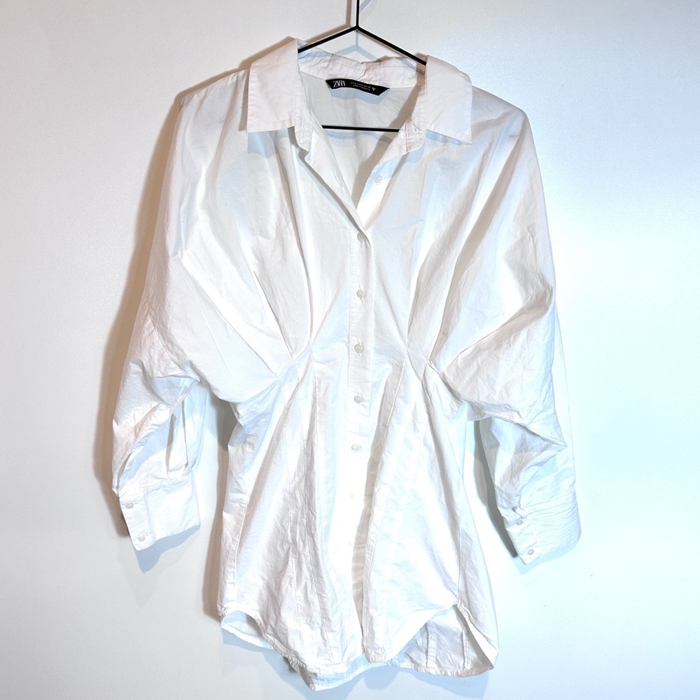 Zara White Button-Front Shirt Dress